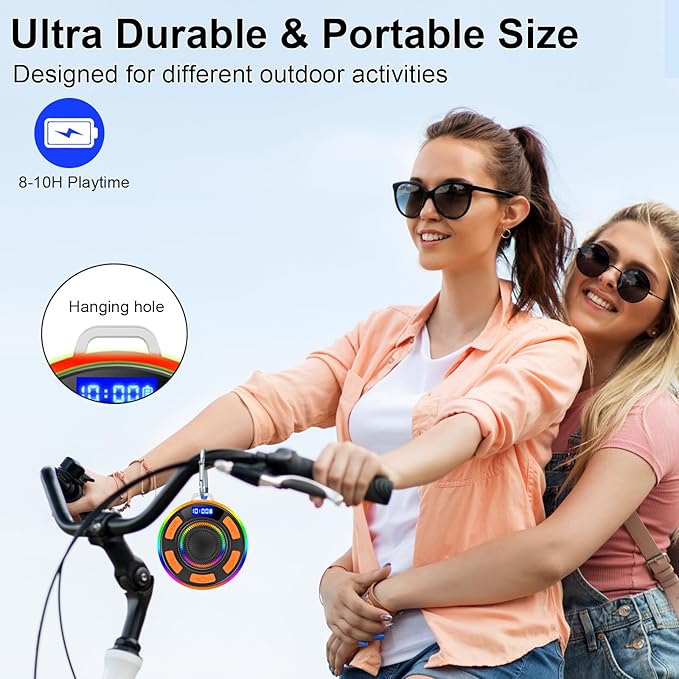 Shower Bluetooth Speaker IPX7 Waterproof, Portable Bluetooth Speakers with Suction Cup and Time Display, Crystal Sound&Bass LED Light 1100mAh, Wireless Shower Speaker for Outdoor/Kayak/Gifts Orange
