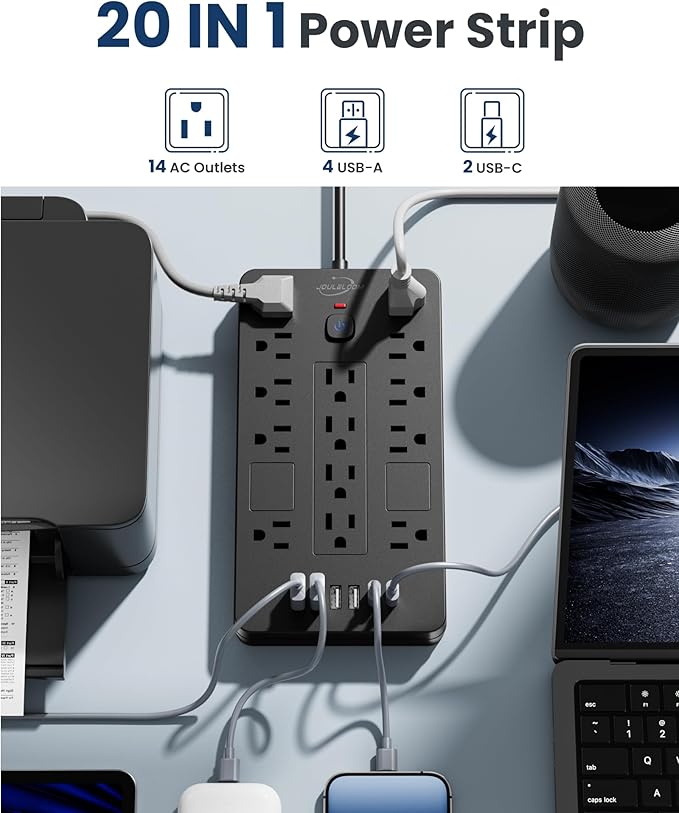 JouleLoom Surge Protector Power Strip-14 Outlets and 6 USB Ports, 10 Feet Flat Plug Extension Cord, 1850 Joules, Black, ETL Listed for Home, Office, Dorm Room