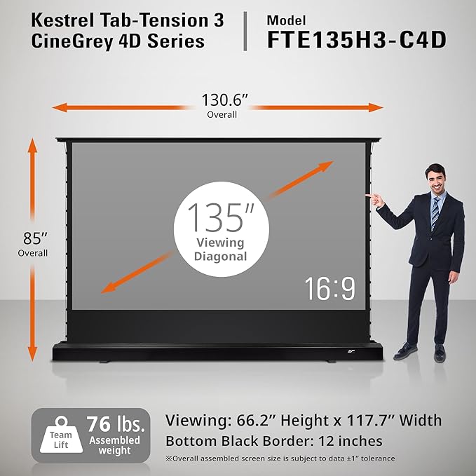 Elite Screens Kestrel Tab-Tension Pro CineGrey 4D, 135" Diag., 16:9 Aspect Ratio, ISF Certified 4K/8K Ultra HD Electric Floor-Rising Motorized Tab-Tensioned Front Projector Screen, FTE135H3-C4D