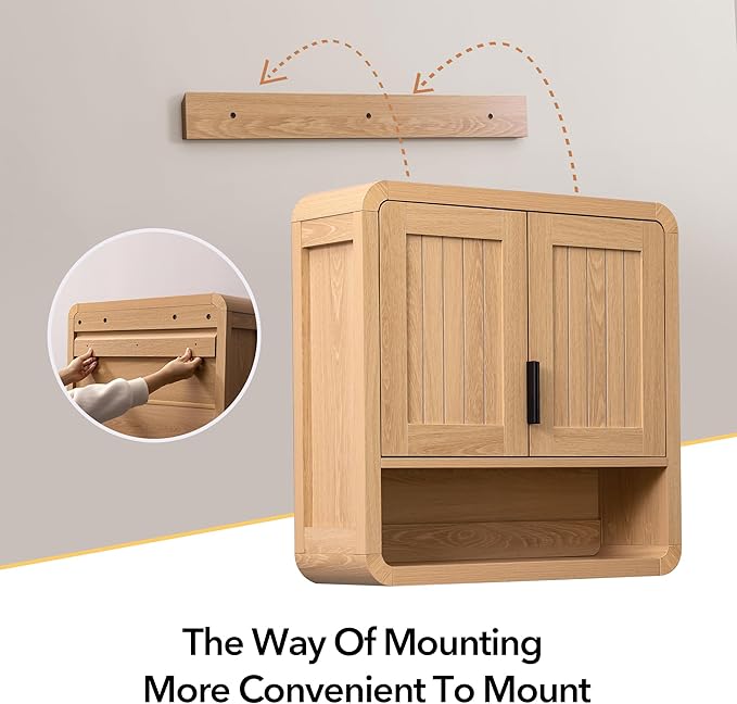 Modern Farmhouse Bathroom Wall Cabinet, Oak Finish Medicine Cabinet with Soft-Close Doors, Wall Mounted Storage Organizer with Rounded Edges for Kitchen, Laundry Room, Entryway