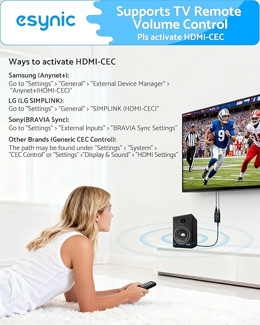 eSynic 7 FT Long eARC/ARC Audio Extractor-Plug & Play-Only Work For HDTV ARC/eARC Interface-192KHZ ARC to RCA&3.5MM Aux Adapter From HDTV to 3.5MM Headphone&L/R Stereo Audio System-No Optical Soundbar