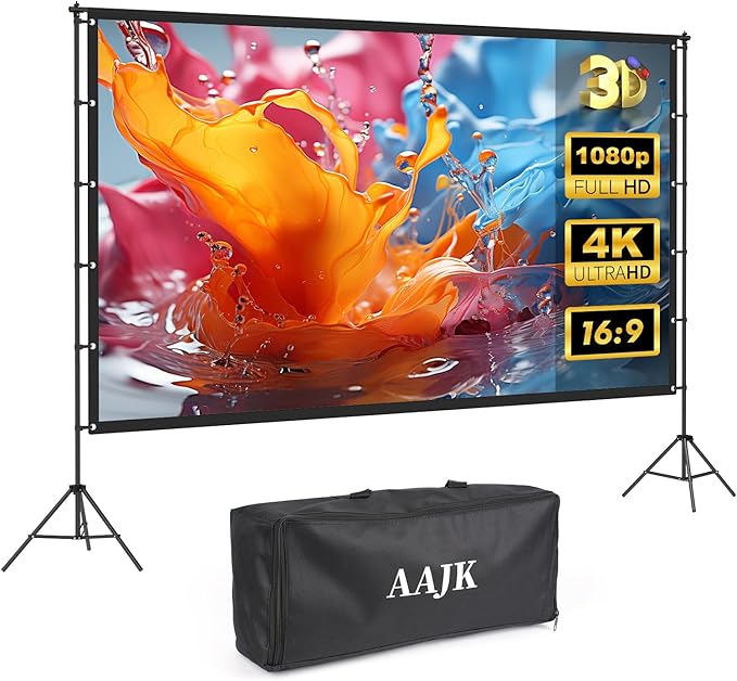 AAJK 120in Projector Screen with Stand,Portable 16:9 4K HD Indoor Outdoor Projection Screen with Wrinkle-Free Design, Ideal for Home Theater and Backyard Cinema – Includes Carry Bag