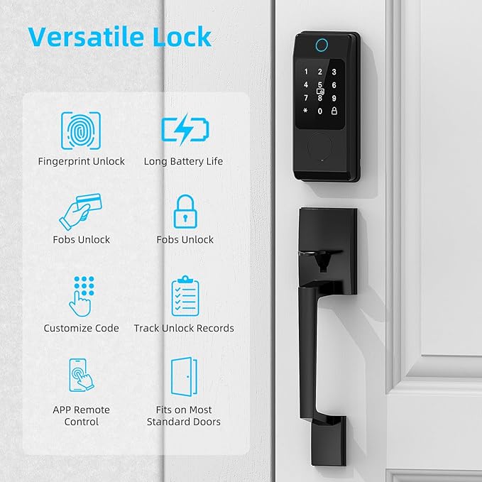 Miuedo WiFi Front Door Lock Sets with Handle, Fingerprint Keyless Entry and Smart Keypad with Lever Handles, Electronic Screen+WiFi Gateway, APP Control, Auto-Lock, Voice Control