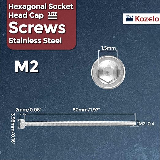 Kozelo 10pcs Socket Head Cap Screws - [M2-0.4 x 50mm] 304 Stainless Steel Allen Socket Drive for Electrical Motor 3D Printing Fan Engine Replacement Use, Silver