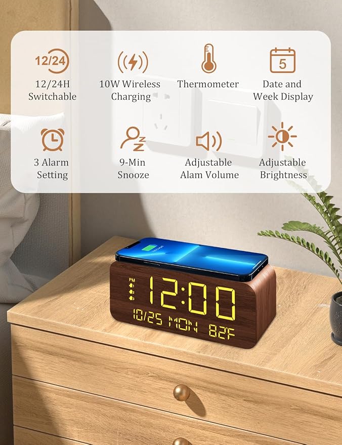 Digital Alarm Clock, with Wooden Electronic LED Time Display, 3 Alarm Settings, 10W Wireless charging, Day of the week, Temperature Detect, Wood Made Digital Clocks for Office, Bedroom, Bedside, Brown