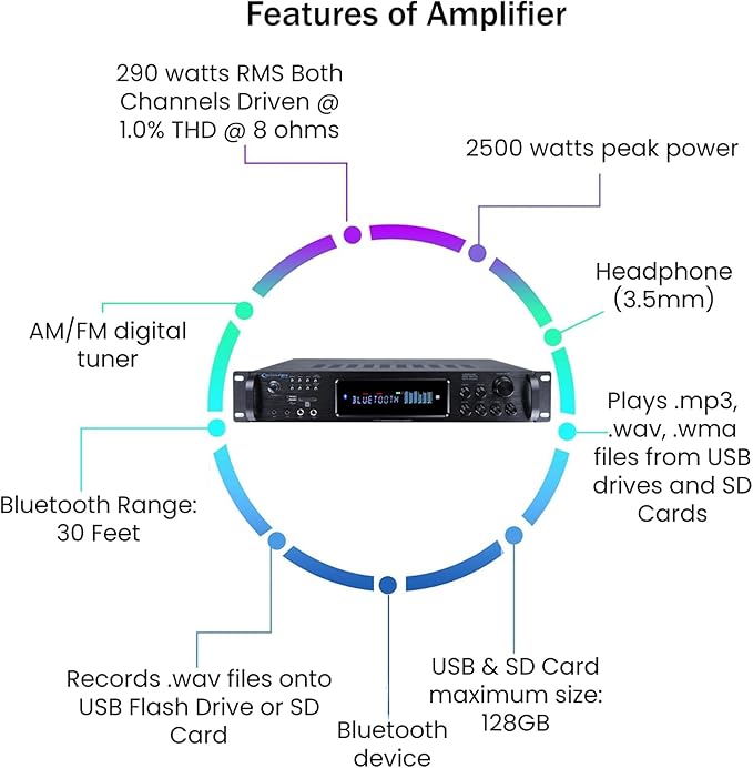 Home Stereo System Kit – 7.2 Channel 2500 W Bluetooth Amplifier w/ 4 Qty of 8” Framed Ceiling Speakers 300 W Each, Mic, 200 ft Speaker Wire & Remote Ideal for Home, Office, Restaurant by Vaiyer