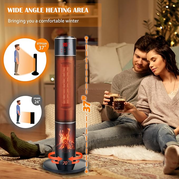 Portable Electric Space Heater for Large Room 37" Ceramic Tower Heater with 3D Flame for Room Heating,Oscillating,Remote Control,Tipover &overheating protection for Indoor Use(Black-I)