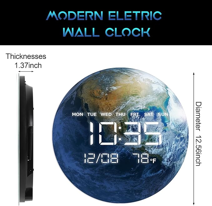 HOMLOVE Digital Wall Clock with Large LED Display, Earth Modern Electric Wall Clock [Plug-in] for All Room, Home, Office, (Earth, 12.59 INCH)