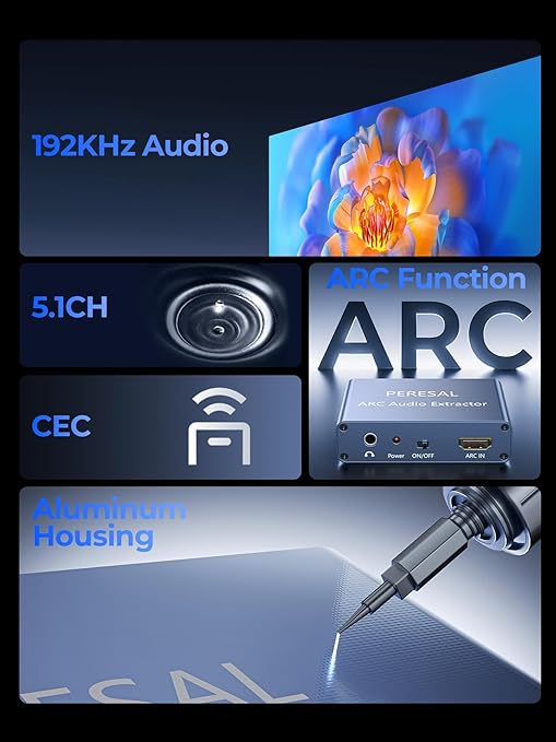 192KHz HDMI ARC Audio Extractor with Optical Cable ARC Converter HDMI ARC to Optical TOSLINK SPDIF Coaxial, RCA+3.5mm Jack L/R Stereo, Audio Splitter for HDTV to Soundbar Amplifier Speakers headphones