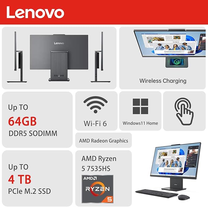 Lenovo IdeaCentre Business All-in-One, 27" FHD Touchscreen 100Hz, AMD Ryzen 5 7535HS, 64GB DDR5 RAM, 2TB SSD, Webcam, Wireless KB & Mouse, Windows 11 Home, Bundle with Adata 64GB USB Flash Drive