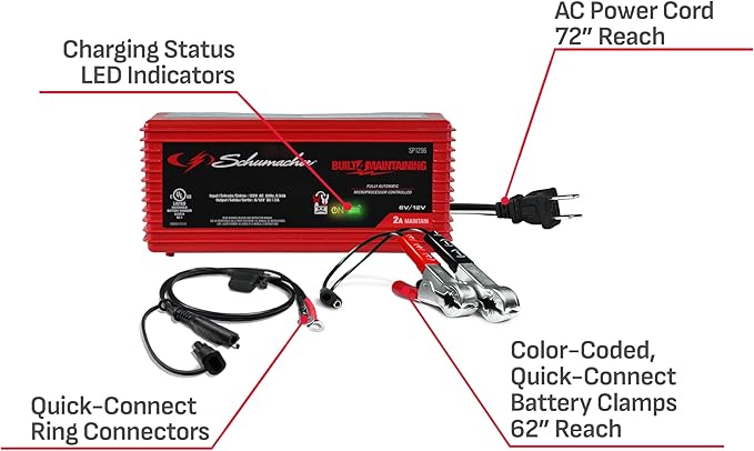 Schumacher Electric 2A Car Battery Charger and Maintainer, 3-in-1 Solution, for 6V/12V Power Sport, Automotive, and Marine Batteries, SP1296