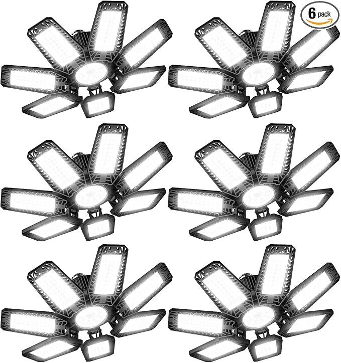 CHENGCHILIT LED Garage Light 6 Pack - 200w 20000LM 6500K Garage Lights Ceiling LED with 7+1 Adjustable Panels, Shop Lights Screw in E26 E27 Bulb Socket for Workshop, Storage Room, Basement, Warehouse