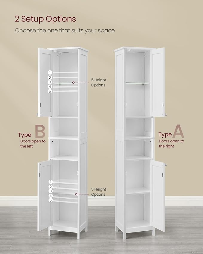 VASAGLE Tall Storage Cabinet with Lights, Slim Freestanding Cabinet with Adjustable Shelves, for Small Spaces, Bathroom, Living Room, Modern, 11.8 Inches Wide, Cloud White UBBC566W02