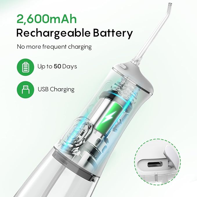 FRESKO Water Dental Flosser for Teeth, 300ML Flosser with Constant Pressure, Rechargeable Oral Irrigator Cleaner for Travel with 5 Jet Tips, IPX7 Waterproof