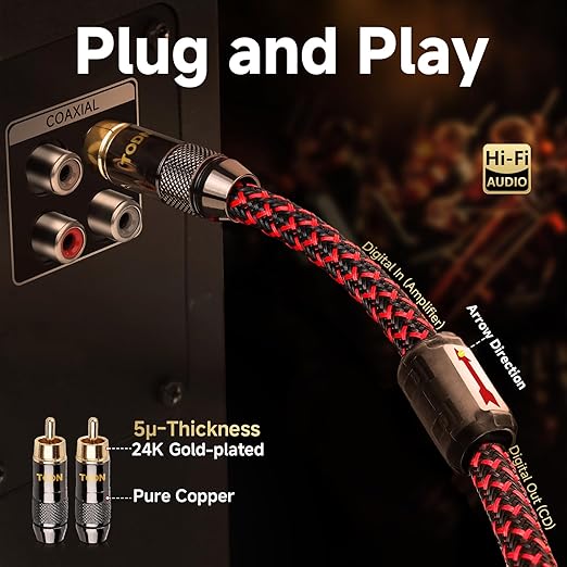 TODN Digital Coaxial Cable OFC Core 75-Ohm Audiophile SPDIF Coax Audio Cable RCA to RCA for HiFi Systems (6.5ft /2m)