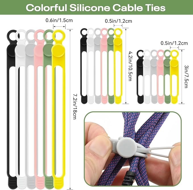 CozyNestMo Silicone Cable Ties Reusable, Elastic Wire Organizer Ties, for Charging Cables, Electrical Cords, Computer Wires, USB Data Cable Management, Cord Organizer (6 Colors, 3 Sizes)