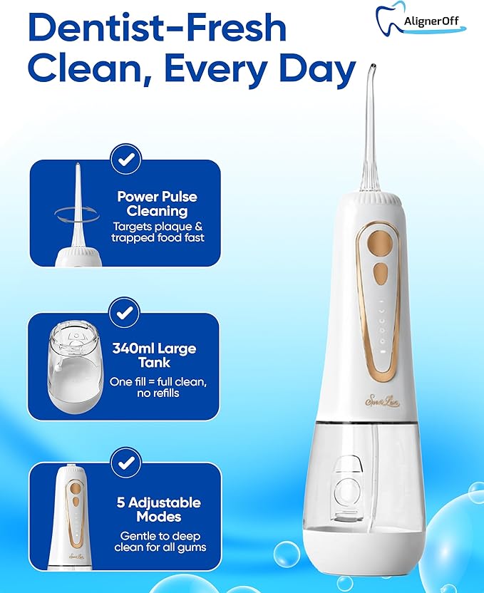 Aligner Off Sparklux Jet Water Flosser - Cordless & Rechargeable, Waterproof Design, Ideal for Teeth, Braces & Gum Care, Sleek White Finish with Rose-Gold Trim - FSA Eligible