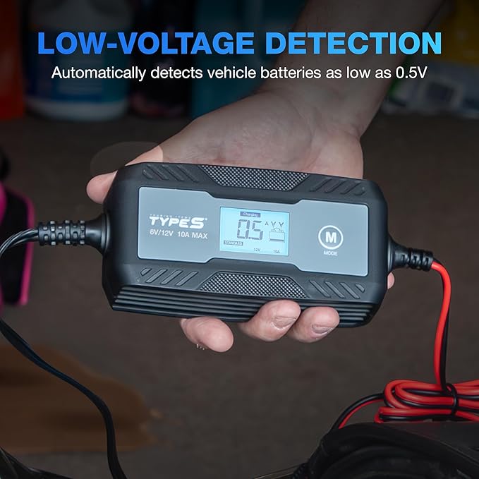 Type S 10A Smart Battery Charger & Maintainer, 6V & 12V Fully Automatic Trickle Charger, Jump Start Assist Battery Recovery Mode Auto-Voltage Detection Safe Charging for Cars Motorcycles ATVs Boats