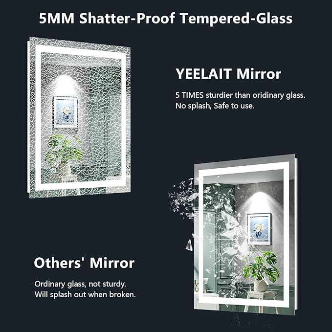 YEELAIT 24x30 Inch LED Bathroom Mirror with Lights Front and Backlit Lighted Vanity Mirror for Bathroom Wall with 3 Colors Dimmable Anti-Fog Memory Shatter-Proof IP54 Waterproof Horizontal/Vertical
