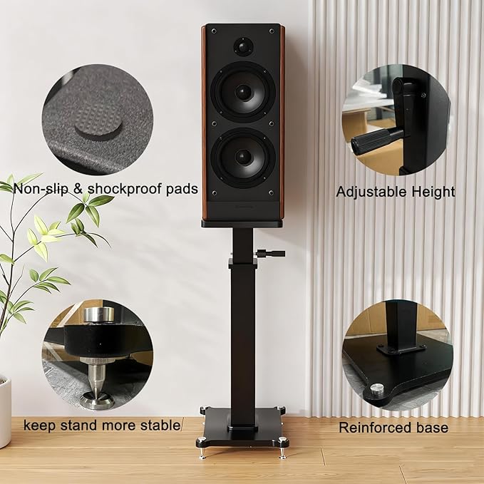 29.5-43.3in Height Adjustable Speaker Stands Pair up to 110lbs, Heavy Duty Bookshelf Speaker Stand Bookshelf Speaker Stand, Holds Bookshelf & Satellite Speaker Large Speaker (Brown)