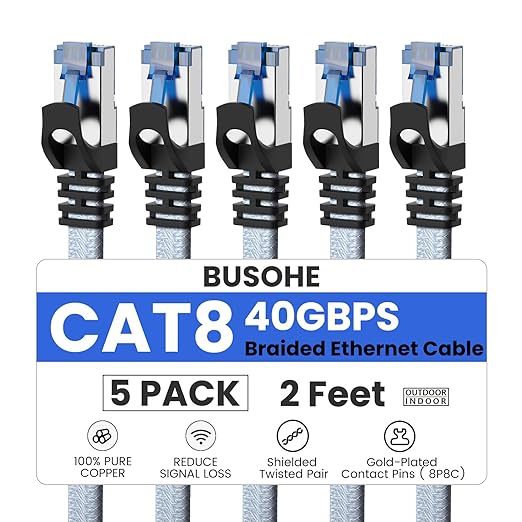 BUSOHE Cat 8 Ethernet Cable 2 FT 5 Pack, Nylon Braided High Speed Heavy Duty by BUSOHE