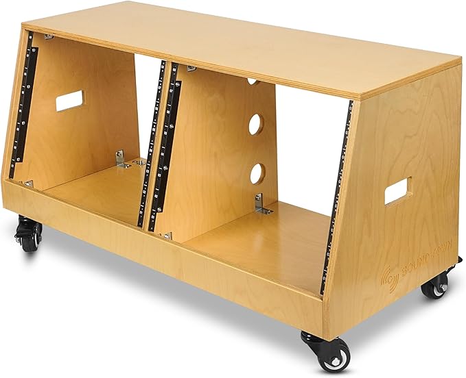Sound Town DIY 2 x 8U Slanted Studio Rack with Solid Baltic Birch Plywood, Casters, Golden Oak for Recording Room, Home Studio (SDRK-D8T)