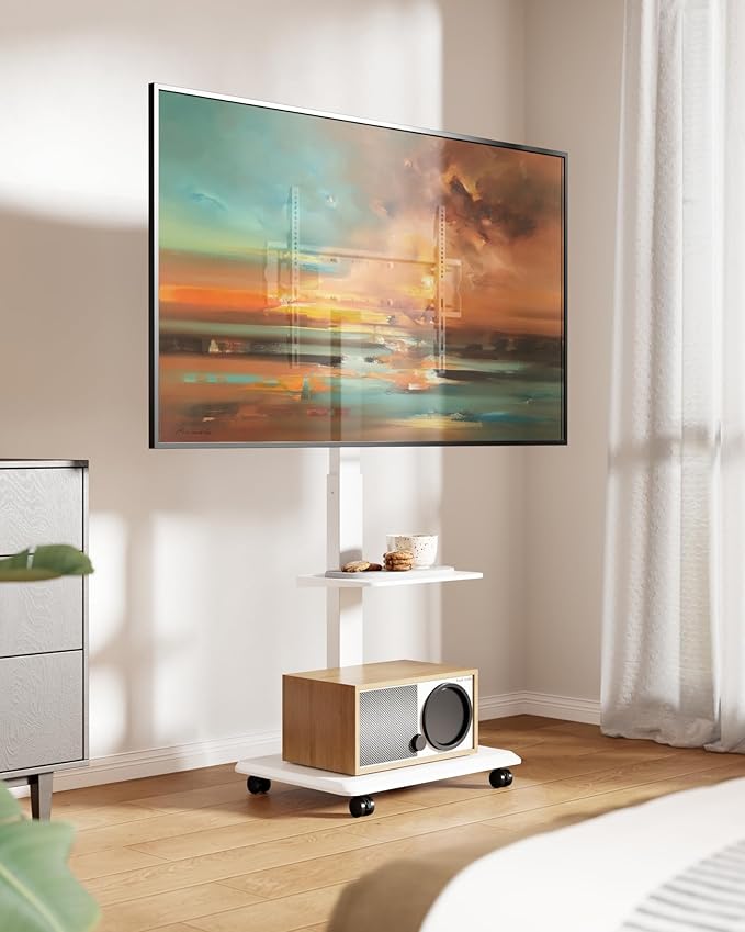 ECOTINY Steel Base Rolling TV stand with Power Outlet for 32-75 inch TVs up to 110 lbs, Leveling & Tilt & Swivel Mobile TV Stand with Hidden Wire Management, Height Adjustable Portable TV Stand, White