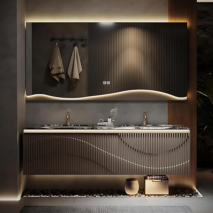 Double Sink Bathroom Vanity - Bathroom Vanities with Tops & Smart Defogging LED Lamp | Innovative Door Panel Design with Concealed Handle, Metal Faucet (Brown, 64IN)
