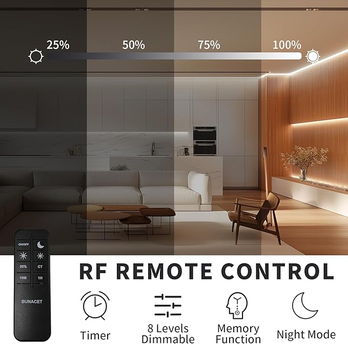 BUNACET COB LED Strip Light 20ft/6m Cool White 6500K High Lumen CRI 90+ with UL Listed Power Adapter RF Remote for Bedroom Counter Under Cabinet Kitchen Projects