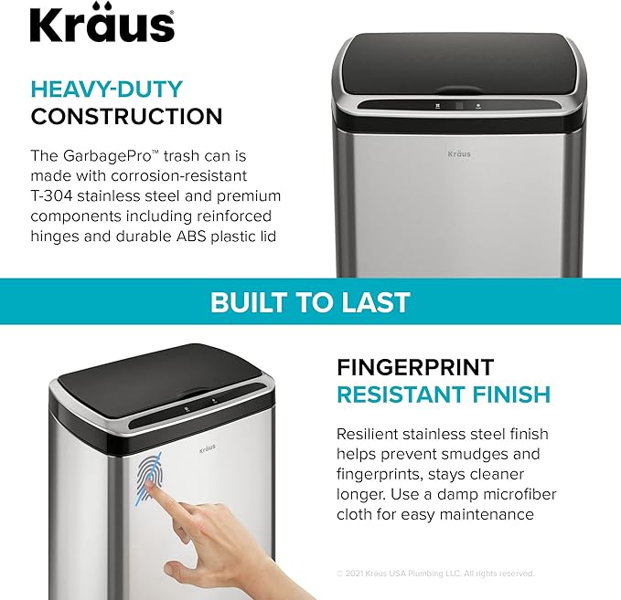 Kraus GarbagePro Rectangular 13 Gallon Hands-Free Motion Sensor Trash Can Battery Operated in Matte Black Finish with SoftShut Touchless Lid, KTCS-10MB