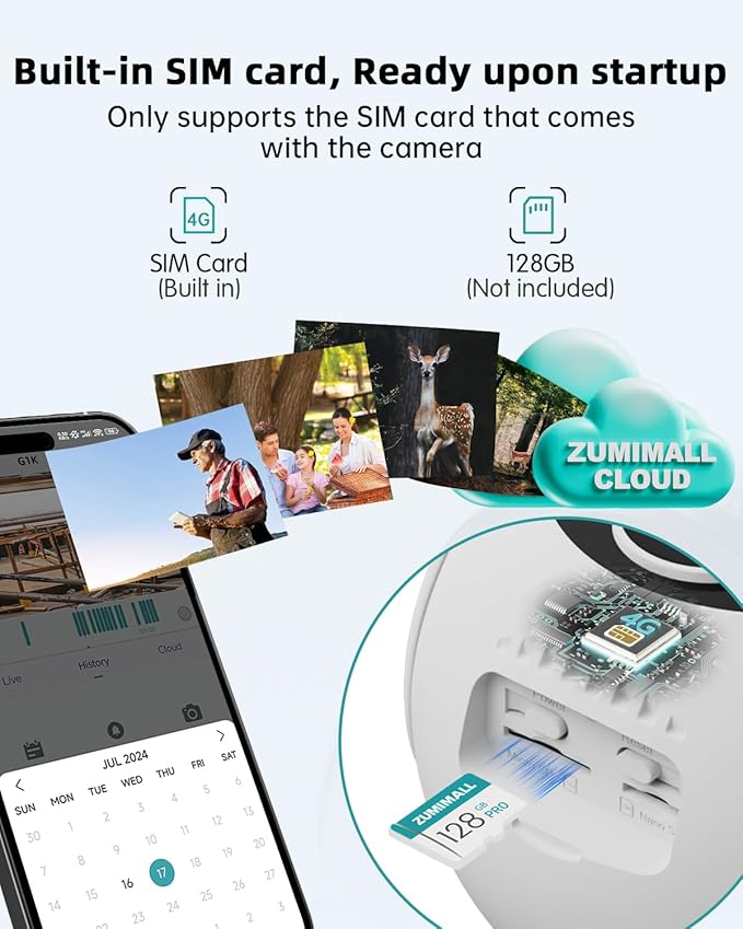 ZUMIMALL 4G LTE Cellular Security Camera, No WiFi Outdoor Camera Wireless, Solar Powered Off Grid Cameras, 360° Live View, 2K Color Night Vision, PIR Motion Sensor, 2 Way Talk, Built in SIM Card