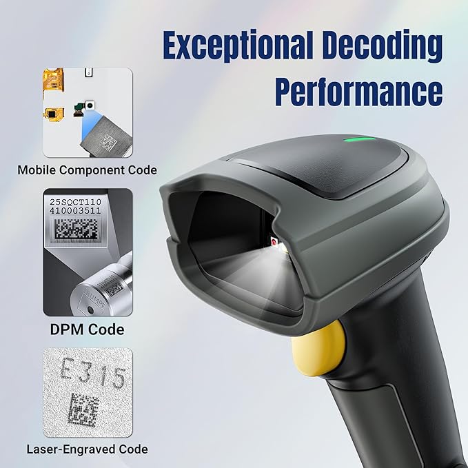 Tera Barcode Scanner Wireless with Cradle: 1280x1024 CMOS Global Shutter Industrial Grade Drop Resistant Reads DPM 1D 2D QR Codes Max 50 in Scan Range Works with Bluetooth 2.4G USB Wired CS7219i-BT
