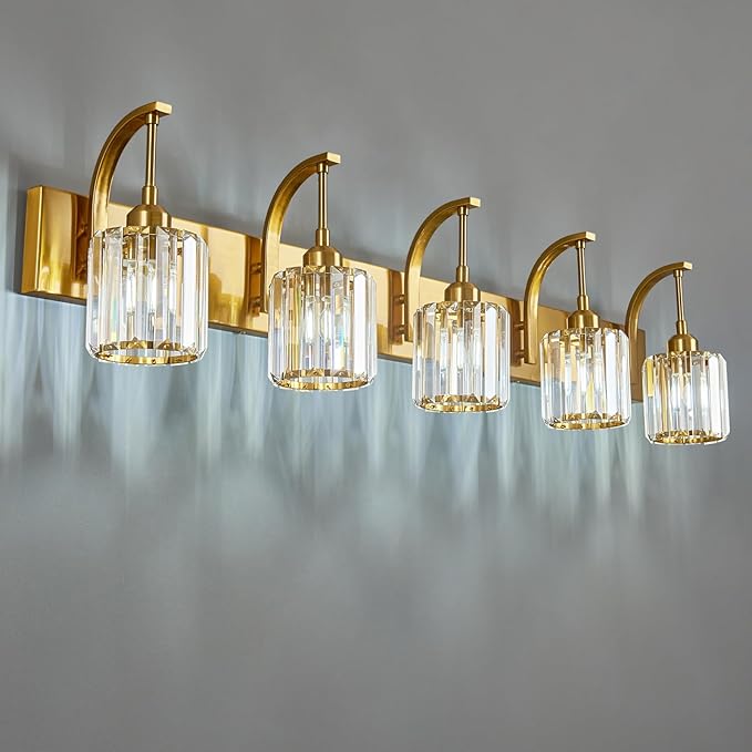 FDPBY 5-Light Crystal Vanity Light, Modern Gold Bathroom Wall Sconce with K9 Crystal Shades, 42.51" Long Over Mirror Lighting for Vanity, Makeup, Hallway, Elegant & Easy Installation