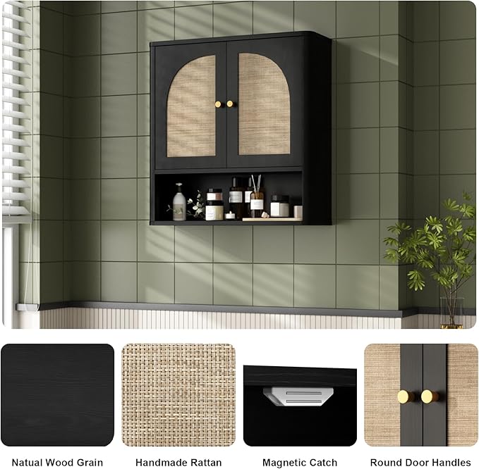 RUSTOWN Rattan Bathroom Wall Cabinet, Over The Toilet Storage Cabinets with 2 Arched Doors, Modern Medicine Cabinet with Adjustable Shelf & Rounded Edges, Mid-Century Bathroom Organization