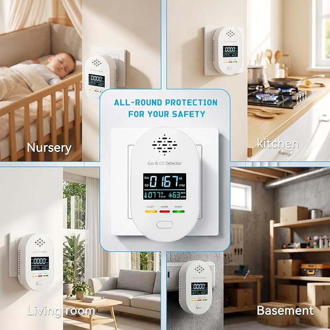 Carbon Monoxide Detectors, Plug in Natural Gas Leak Detector, 4-in-1 Carbon Monoxide Alarm with CO Gas Temp Humidity Sensor, Clear LCD Display Sound & Light Warning for Home, RV, Apartment, Hotel