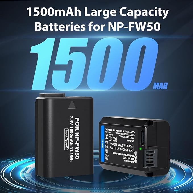 LP NP-FW50 Replacement Batteries, USB-C Charging, 1500mAh - Image 2