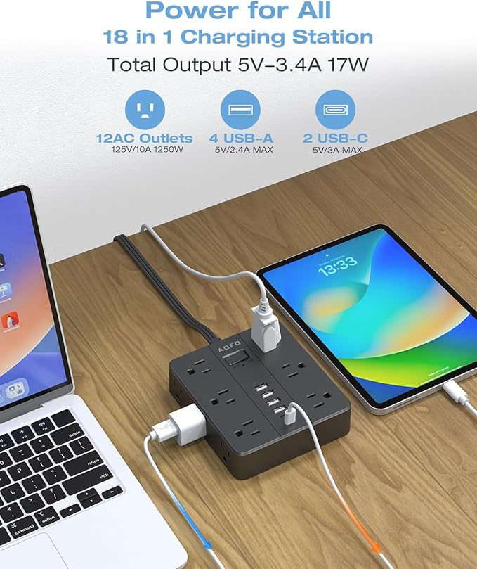 AOFO 25FT Surge Protector Power Strip,12 AC Outlets with 6 USB Ports (2 USB-C), Flat Plug Extension Cord with Multiple Outlets, Wall Mount for Home Office,Dorm, Black