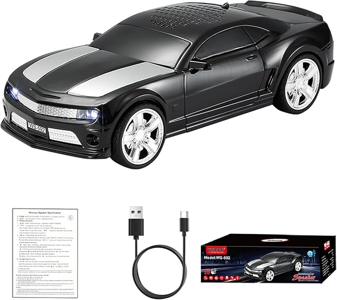 WSTER WS-592 Supercar Design Bluetooth Replica Speaker – Portable Car Model Wireless Speaker with TWS Stereo, FM Radio, LED Party Lights, USB/TF Playback, Hands-Free Calling, Microphone(Black)