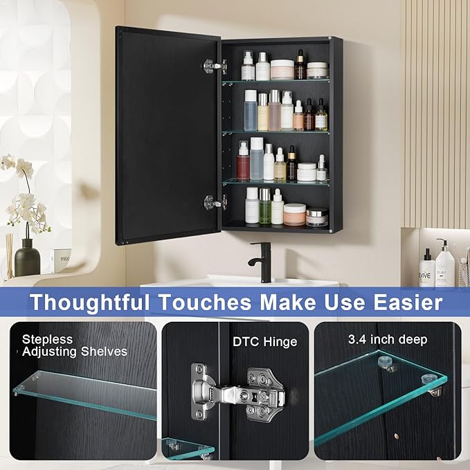 Medicine Cabinet with Mirror, 20x30 Inch Rectangle Wall Mounted Bathroom Vanity Mirror with Storage & Adjustable Tempered Glass Shelves Medicine Cabinets for Bathroom, Black