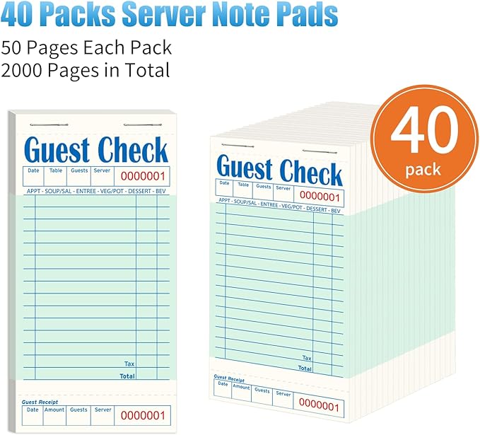 40 Pack/2000 Tickets Guest Checks Books for Servers, Green Server Books for Waitress, Server Note Pads for Restaurants