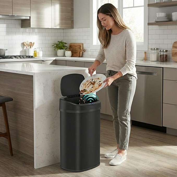iTouchless 13 Gallon Oval Sensor Trash Can with Odor Filter, Automatic Motion Sensor Kitchen Bin, Slim Curved Soft-Close Matte Black Stainless Steel, Fingerprint-Proof Modern Decor