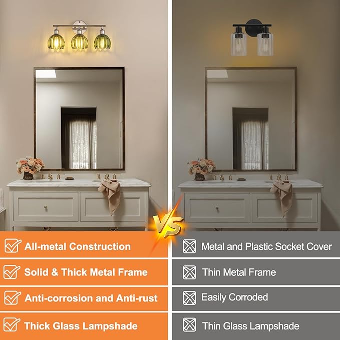 Shenmoyl Bathroom Light Fixtures, 3-Light Vanity Wall Light Over Mirror with Green Tulip Glass Shade for Bedroom Living Room (Bulb Not Included), Satin Nickel