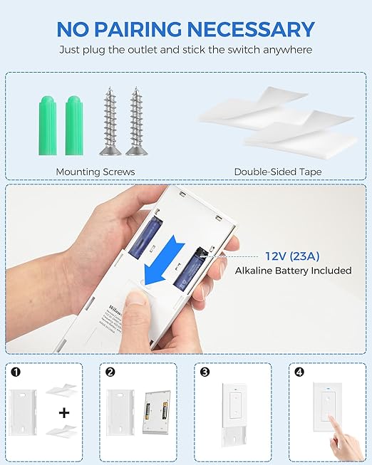 WILAWELS Mini Remote Control Outlet Wireless Light Switch, Programmable and Removable Remote Outlet Switch Kit for Lamps, Fan, Home Appliance, 100ft RF Range, No Wiring, FCC Listed W08RC1106