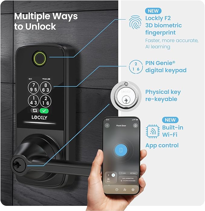 Lockly Smart Lock Secure Pro (2026 Latest Version),Fingerprint Door Lock, Keyless Entry, Built-in Wi-Fi Latch, PIN Genie Keypad (Black)