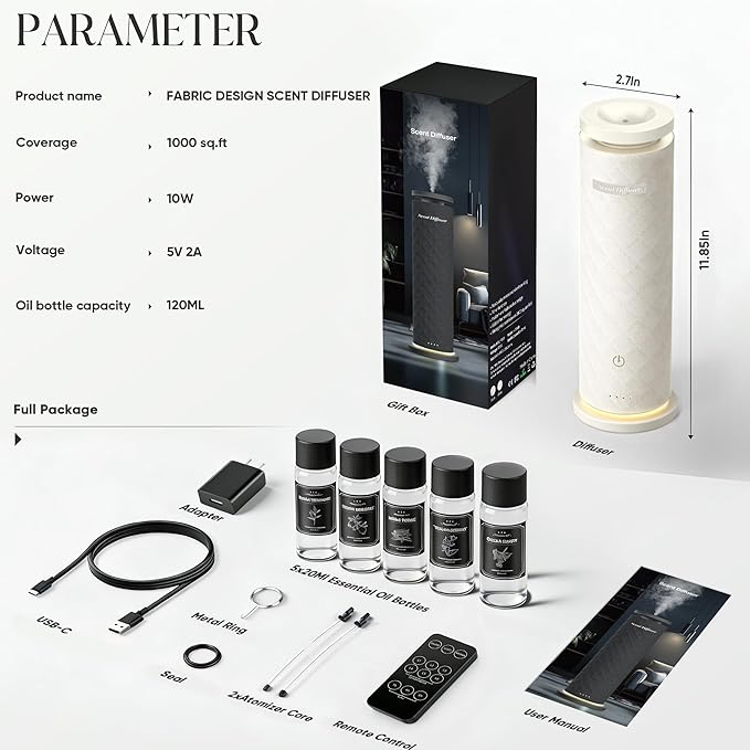 Waterless Scent Diffuser Starter Kit with 5 Oils, Luxury Hotel Style Cold Air Diffuser Oil Machine for Home, 1000 Sq Ft Coverage, Quiet Nebulizing Aromatherapy with Remote, Tower Fabric Design, Cream