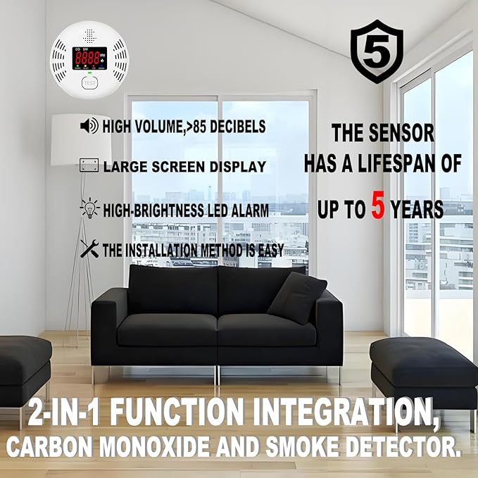 Vzmcov Carbon Monoxide and Smoke Detector Equipped with LCD Display, Battery Powered, Dual Sensor Alarm, 85dB Voice Alarm and Real-time CO Tracking, Suitable for Home/Kitchen/Bedroom/RV 1-Pack