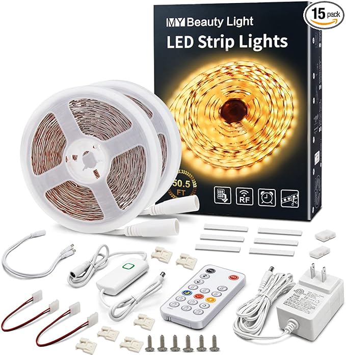 MY BEAUTY LIGHT LED Strip Lights Warm White, 50.5ft Dimmable LED Light Strip with RF Remote, 24v Plug-in Adhesive Rope Lights with Timing Mode for Living Room Bedroom Kitchen