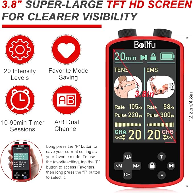 TENS EMS Unit Muscle Stimulator for Pain Relief Therapy - 4 in 1 TENS & EMS & Relax & Custom Frequency+Pulse - Muscle Massager 36 Modes 20 Intensity, Memory & Favorites Function, 3.8" Color Display