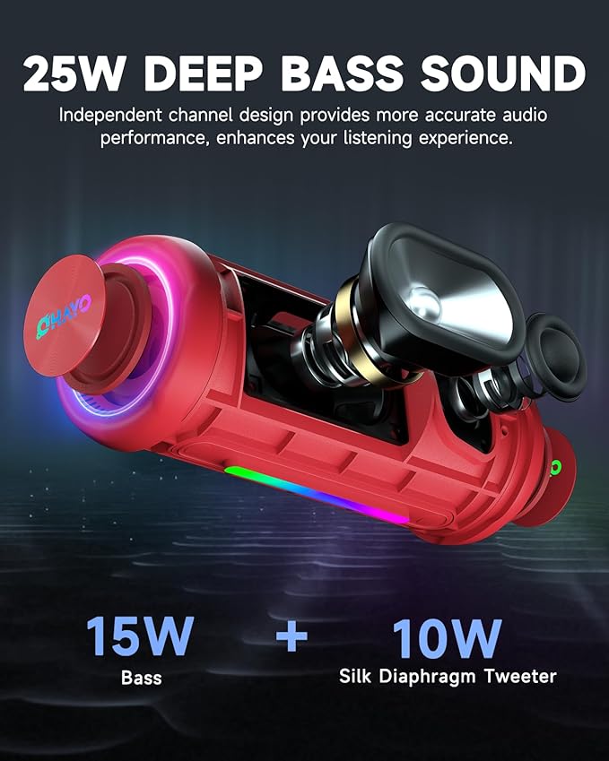 OHAYO Bluetooth Speaker, Portable Wireless, IPX7 Waterproof, Powerful 25W Sound, 24H Playtime, Dual Pairing, Active Bass, Colorful Lights, Bluetooth 5.3, Outdoor Speakers for Home/Party/Beach, Red