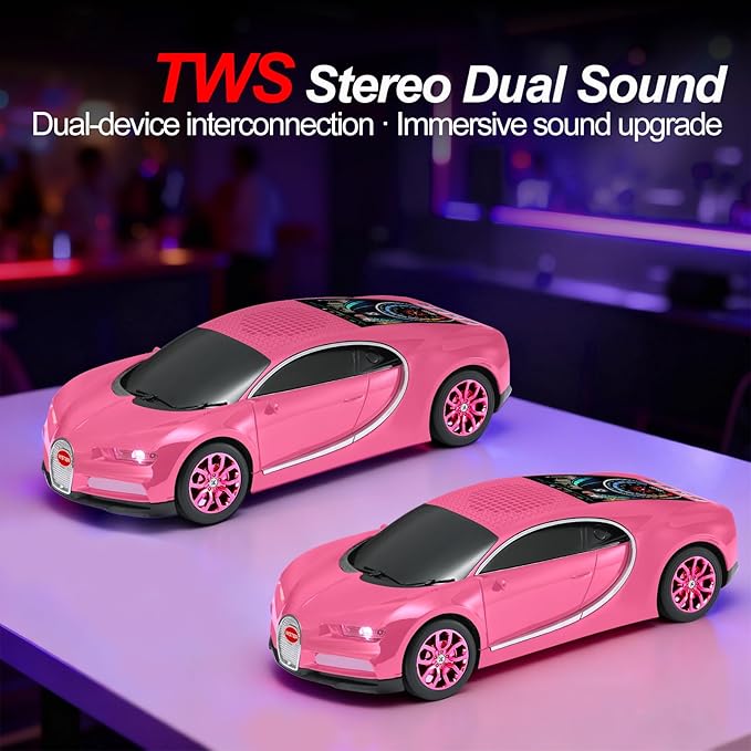 WSTER Luxury Sports Car Model Bluetooth Speaker with HD Sound, TWS Stereo Pairing, Display Screen, Built-in Microphone, Unique Bluetooth Car Speaker for Home, Party, Outdoor & Beach (Pink)